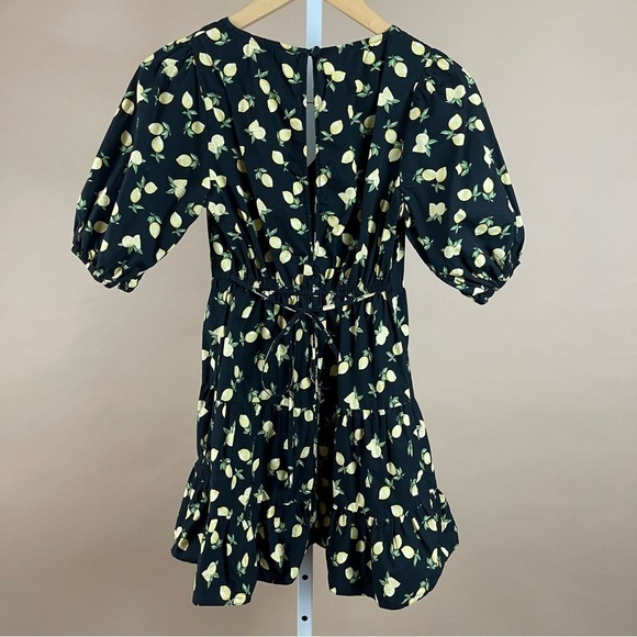 Miss Selfridge Petite 0 Poplin Mini Dress Lemons Puff Sleeve Ruffle Boho Cottage - Picture 2 of 8
